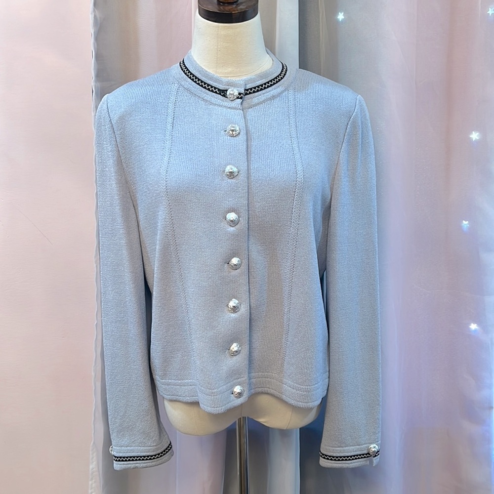 ST. JOHN LIGHT BLUE CARDIGAN KNIT SWEATER W/ SILVER FOIL BUTTONS SIZE 12